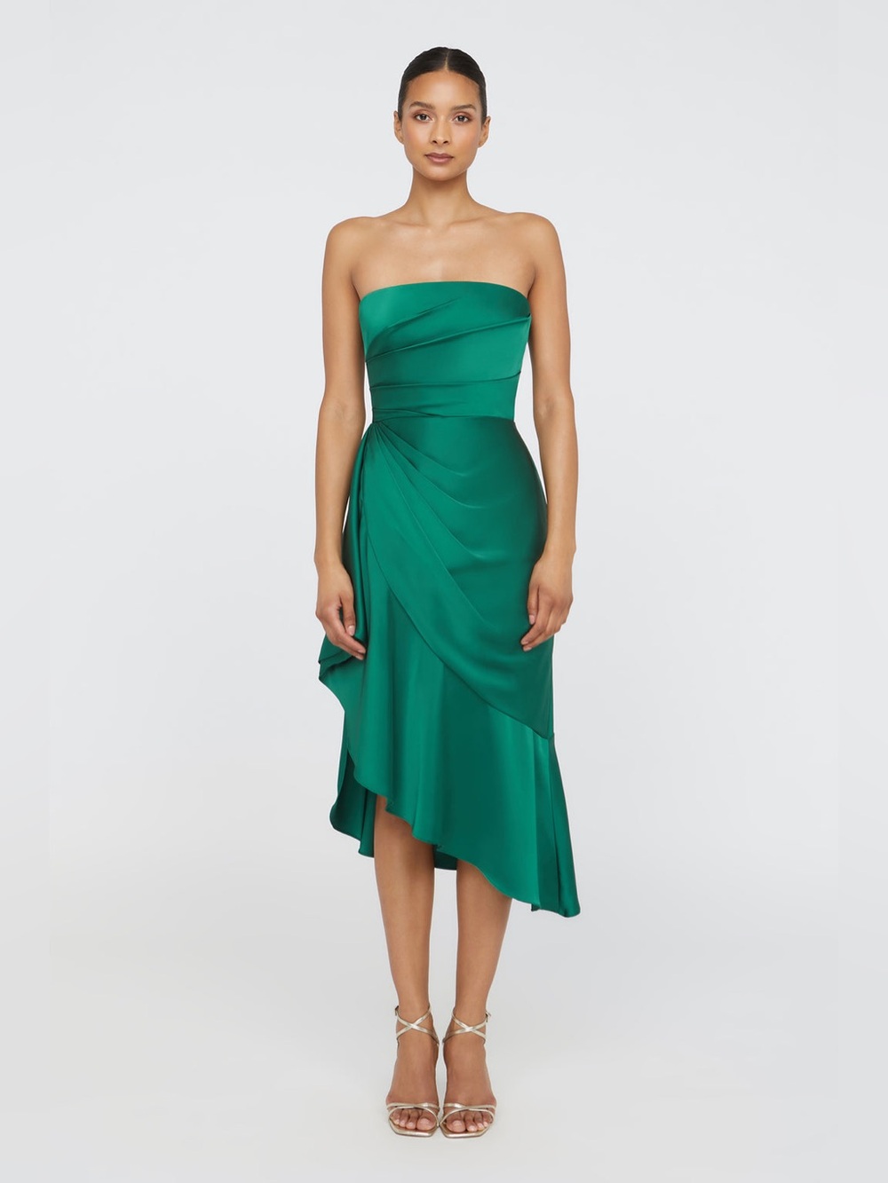 Theia Sinead Strapless Emerald Green Draped Midi Dress